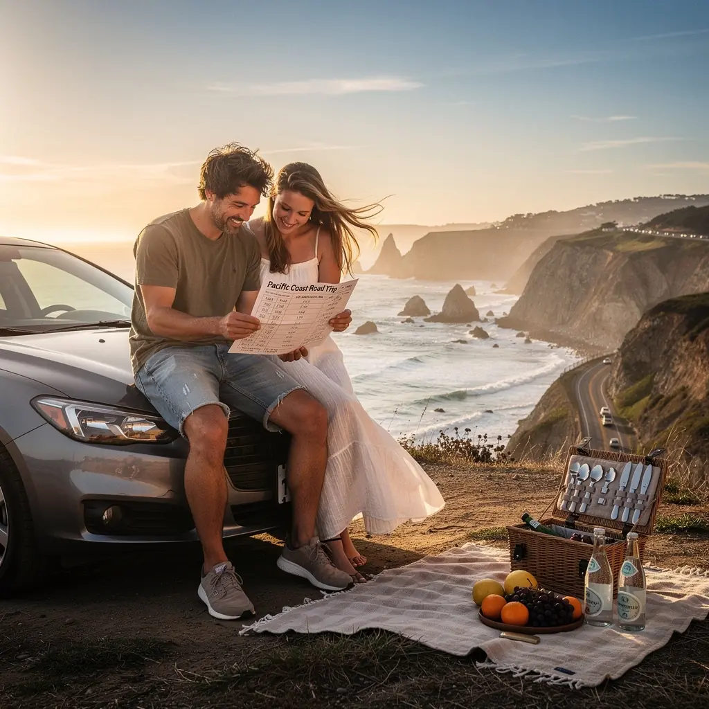 Старинный автомобиль, припаркованный у живописного озера с отражением гор.